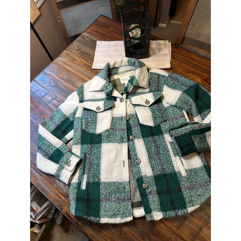 Avec Les Filles Green White Plaid Shacket Shirt Flannel Jacket Women Small 20233